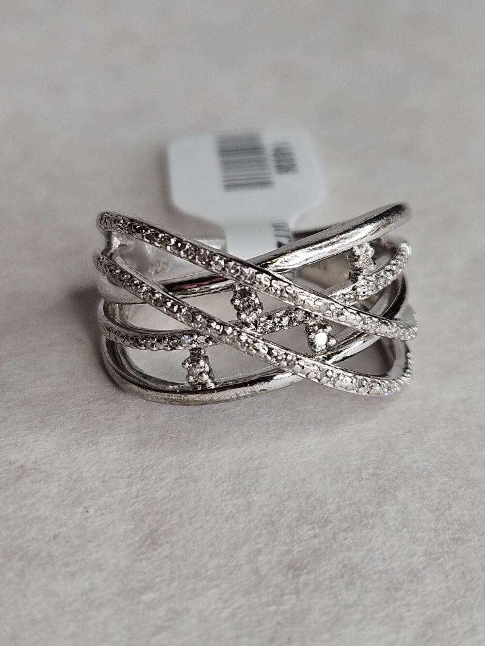 SUN 925 Sterling Silver Diamond Crossover Highway Ring Band 16mm Size 7.75